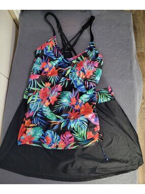 DACI Women's XL Two Piece Tankini Skirt Swimsuit Tropical Black
